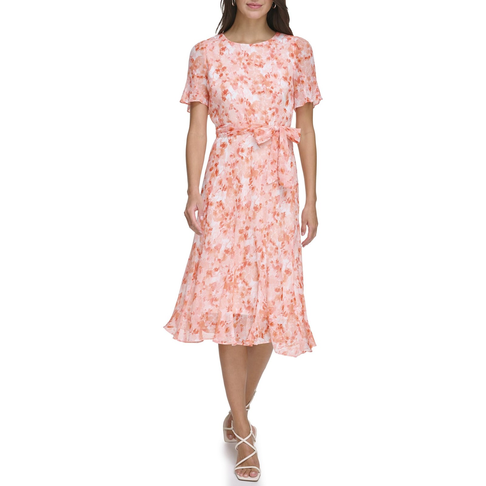 DKNY Women's Flutter Sleeve V-Neck Dress, Orange Combo, 14