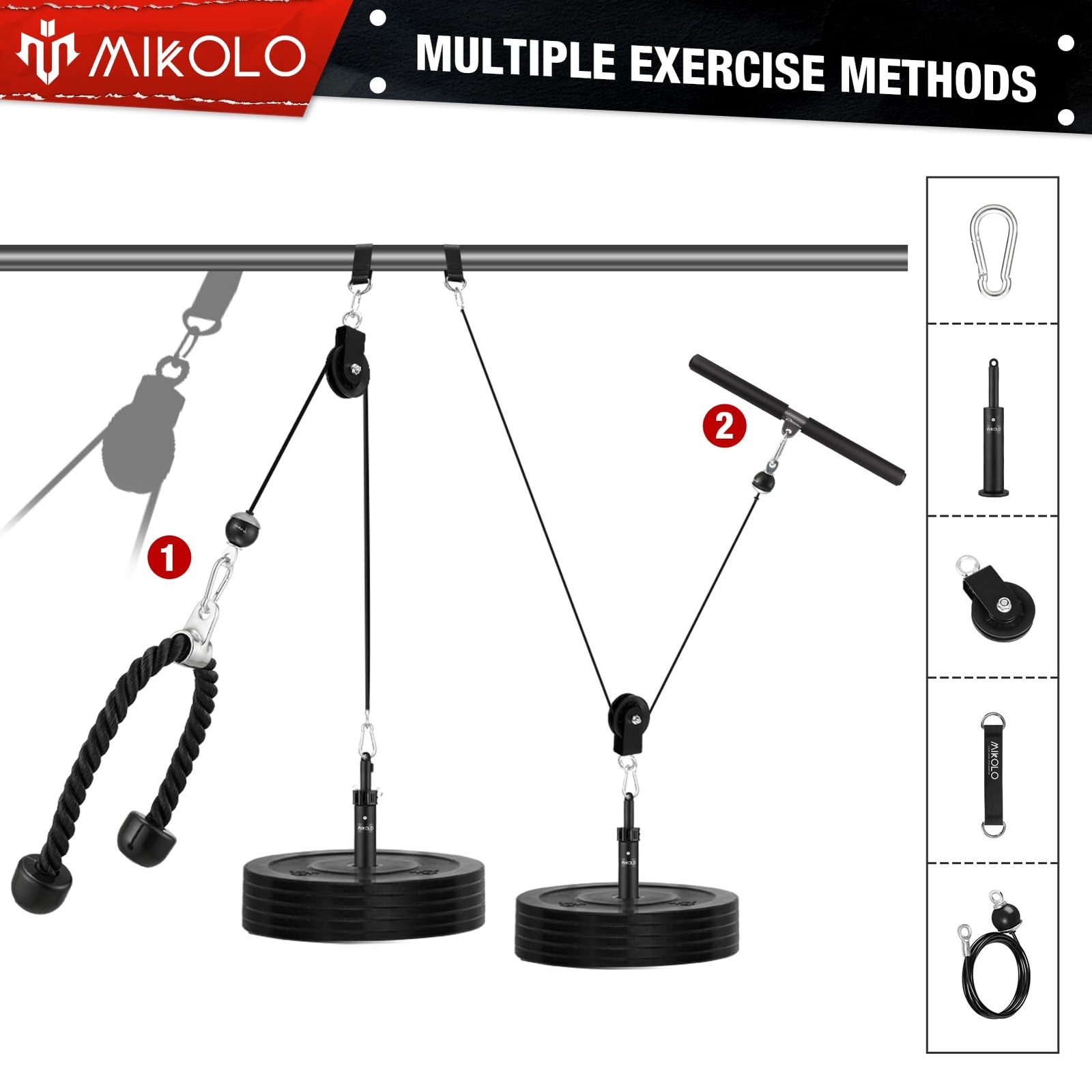 Mikolo Fitness LAT and Lift Pulley System, Dual Cable Large, Black