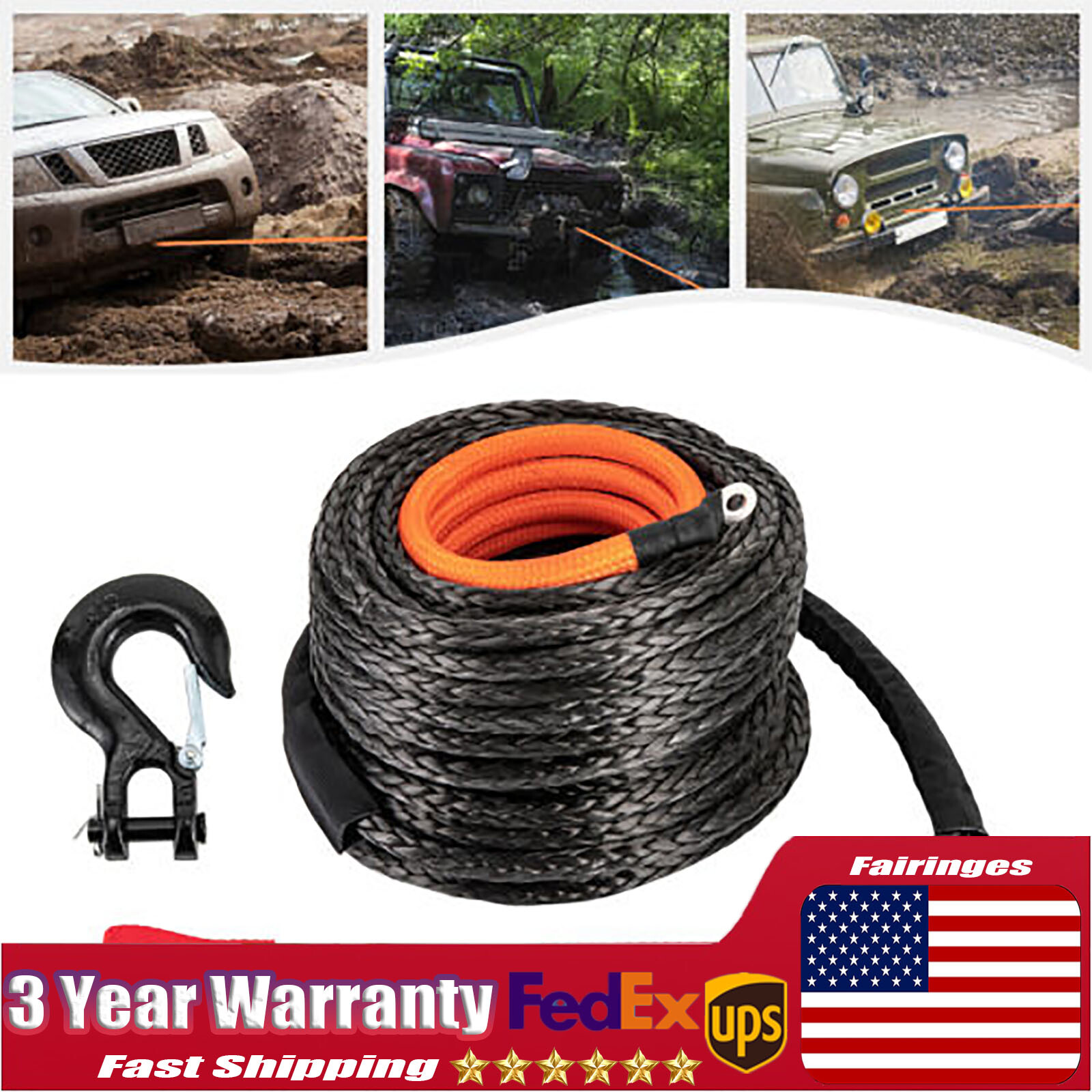 3/8" x 92ft Winch Rope Synthetic Line Recovery Cable Black w/ Hook 4WD ATV SUV.