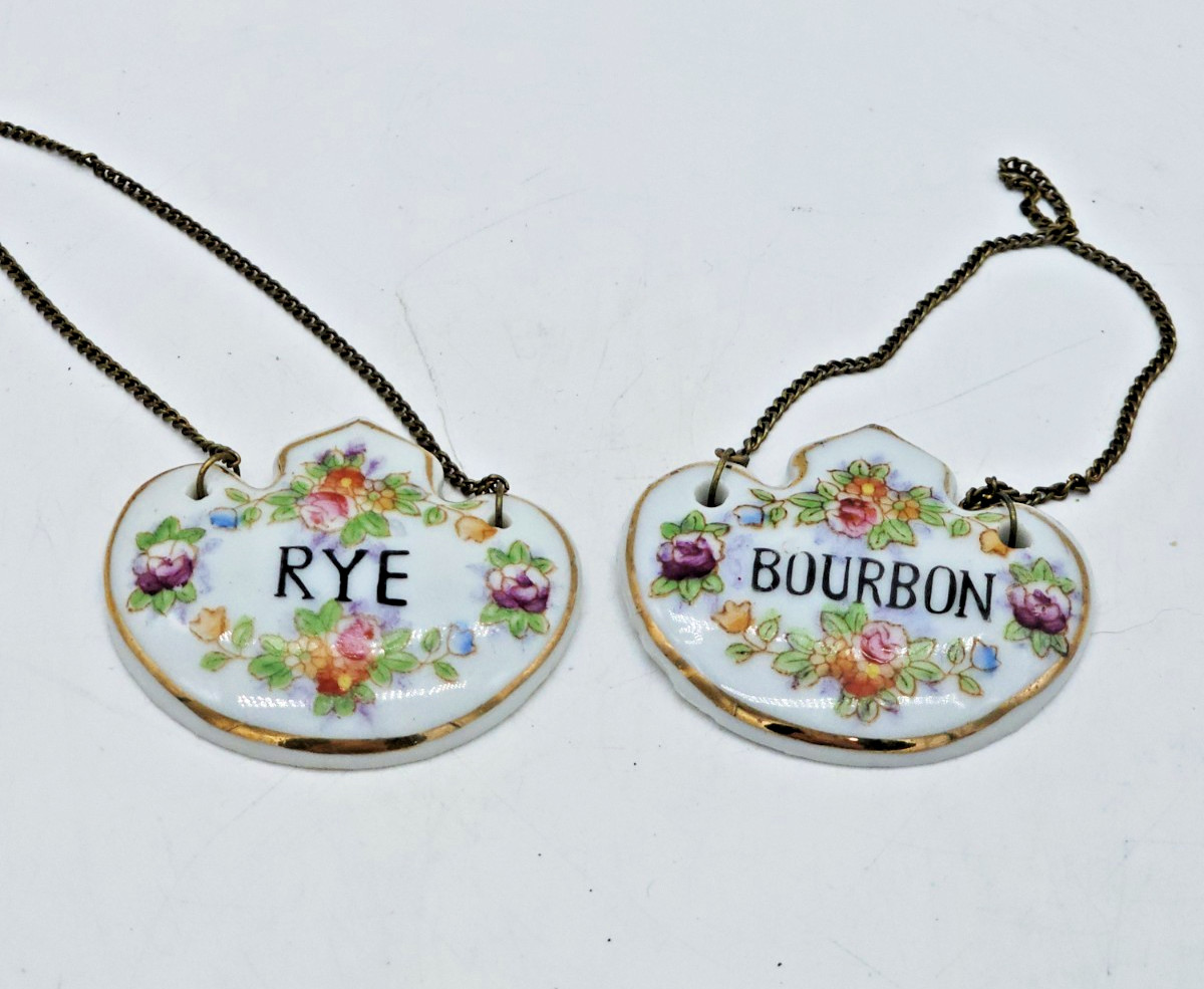 Two Mid Century Porcelain Bottle Tags Bourbon Rye Floral Victorian Japan Arnart