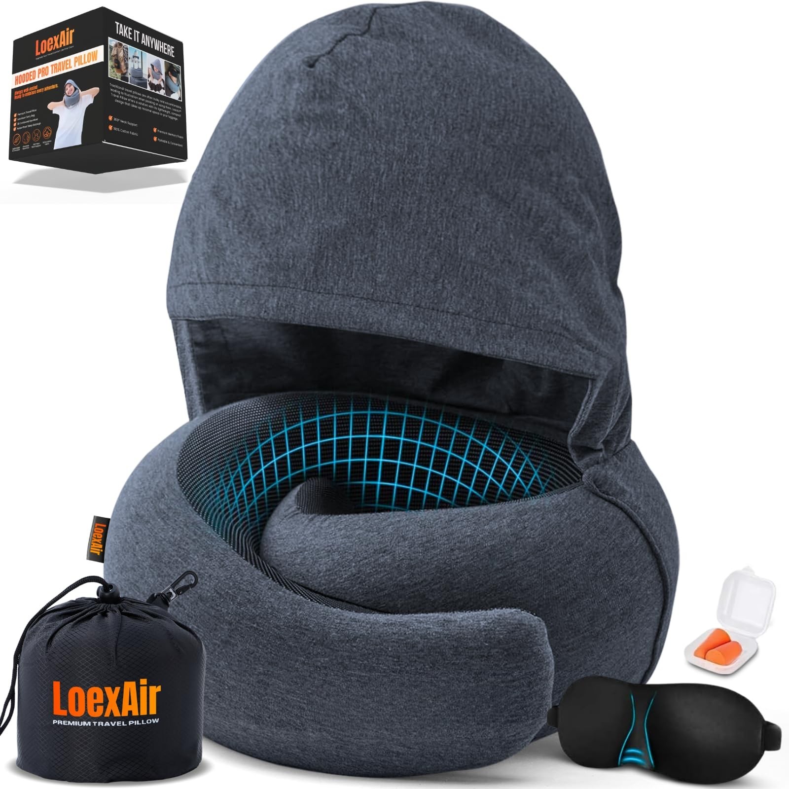 LOEXAIR™ Hooded Pro Travel Pillow - Memory Foam Neck Support Pillow for Ai