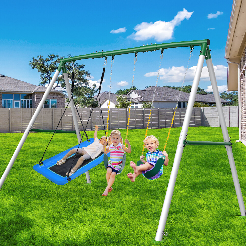 660lb Metal Swing Set with 3 Swings Heavy Duty Large Frame Backyard Kids Playset