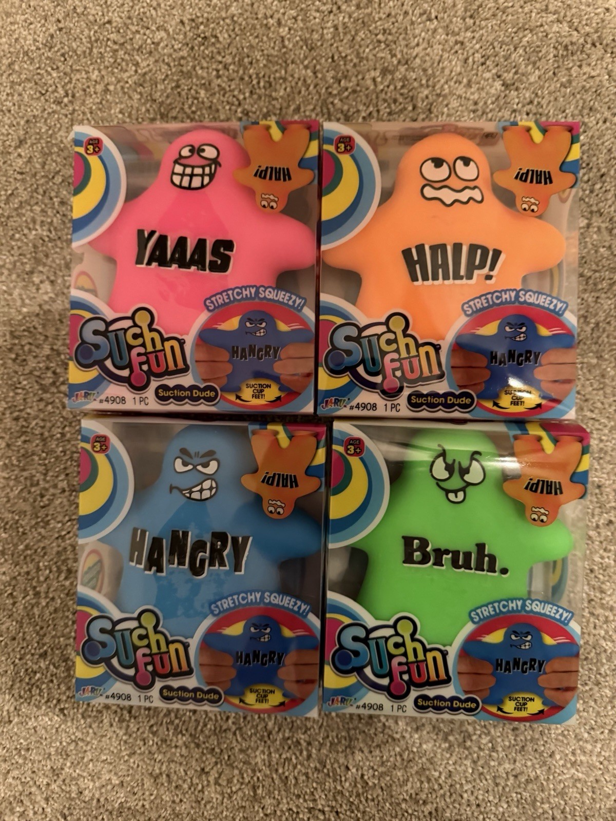 LOT OF 4 Jaru Suction Dudes, Orange Pink Green Blue  Stretchy Squeezy Fidget Toy