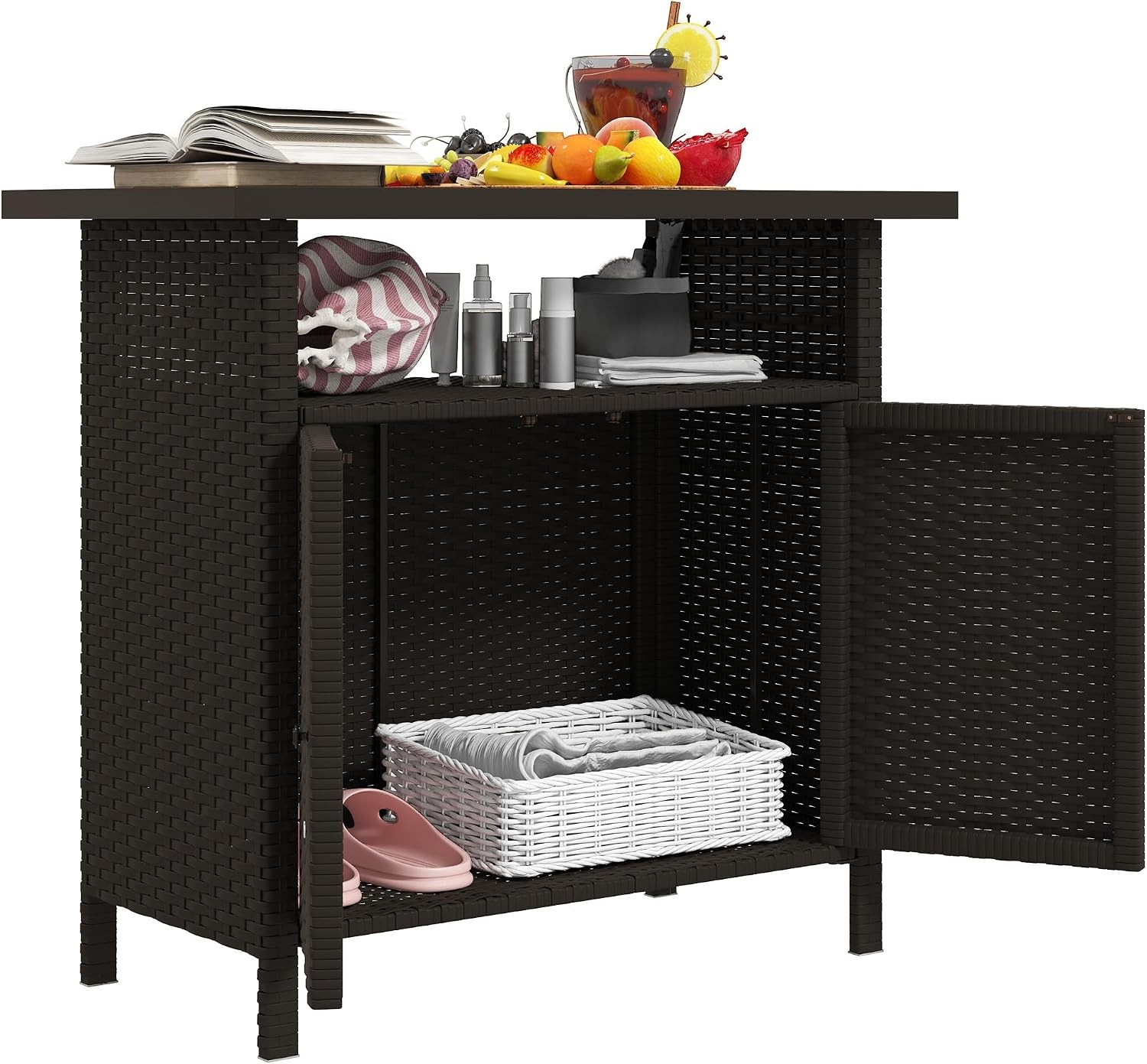 Wicker Outdoor Storage Cabinet Rattan Outdoor Bar Table with 2 Doors and Shelf