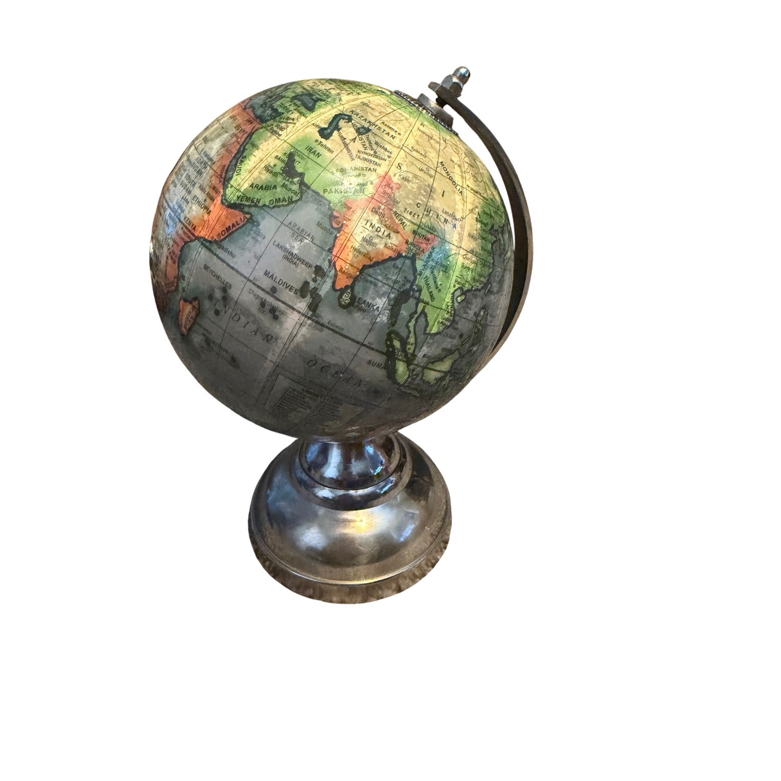Vintage Style Decorative Desk Globe Chrome Metal Base Silver Grey 8 Inch