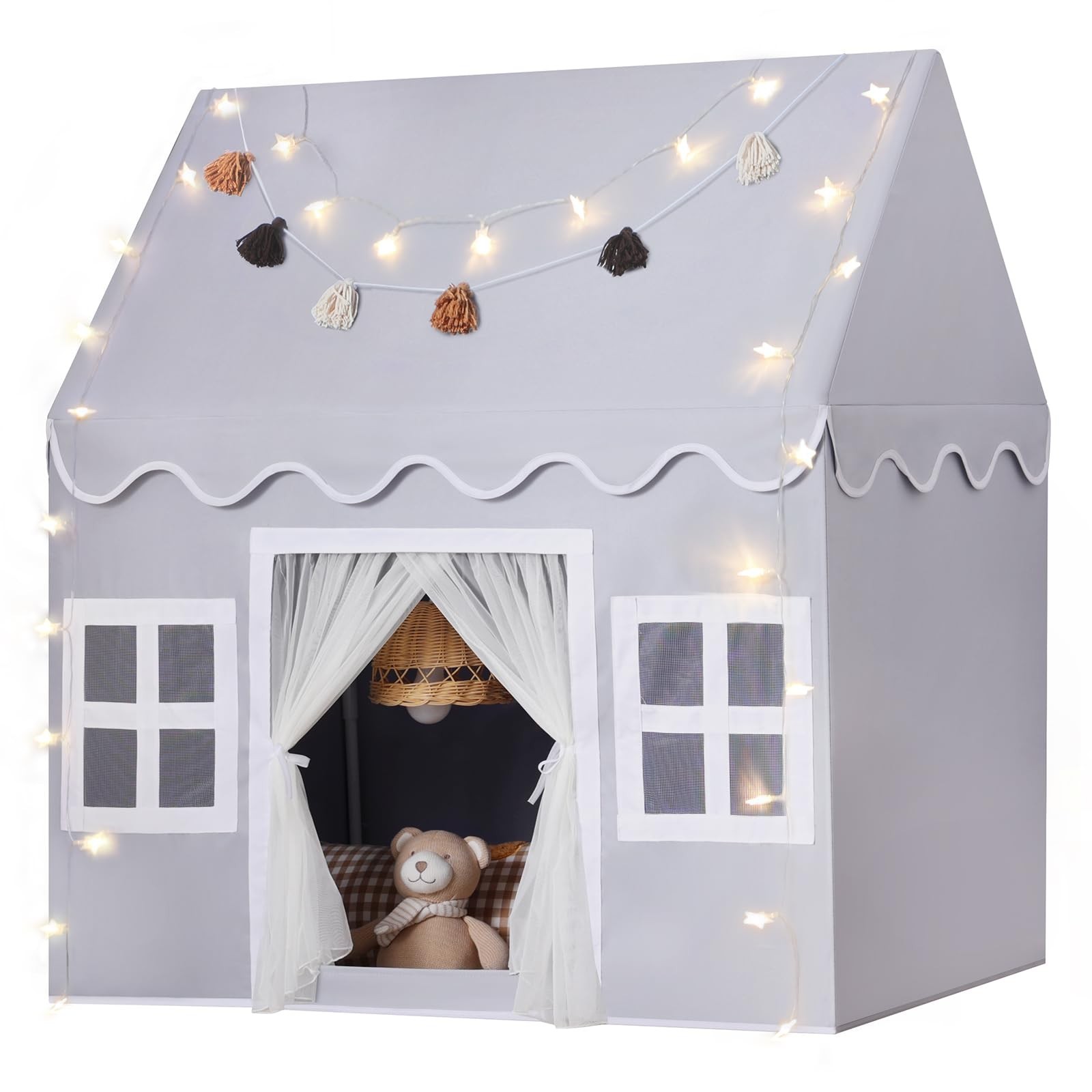 Kids Play Tent Indoor: Mat, Tassel Garland, Star Lights - Gray Girl Tent Play...