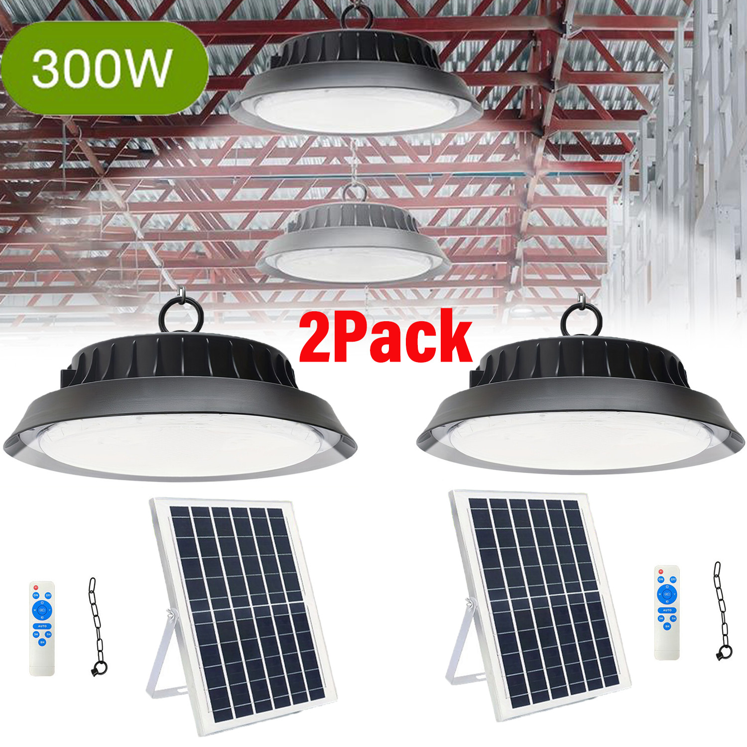 300W LED Solar Power Pendant Lights Garage Shop Lamp For Shed Barn Gazebo Yard