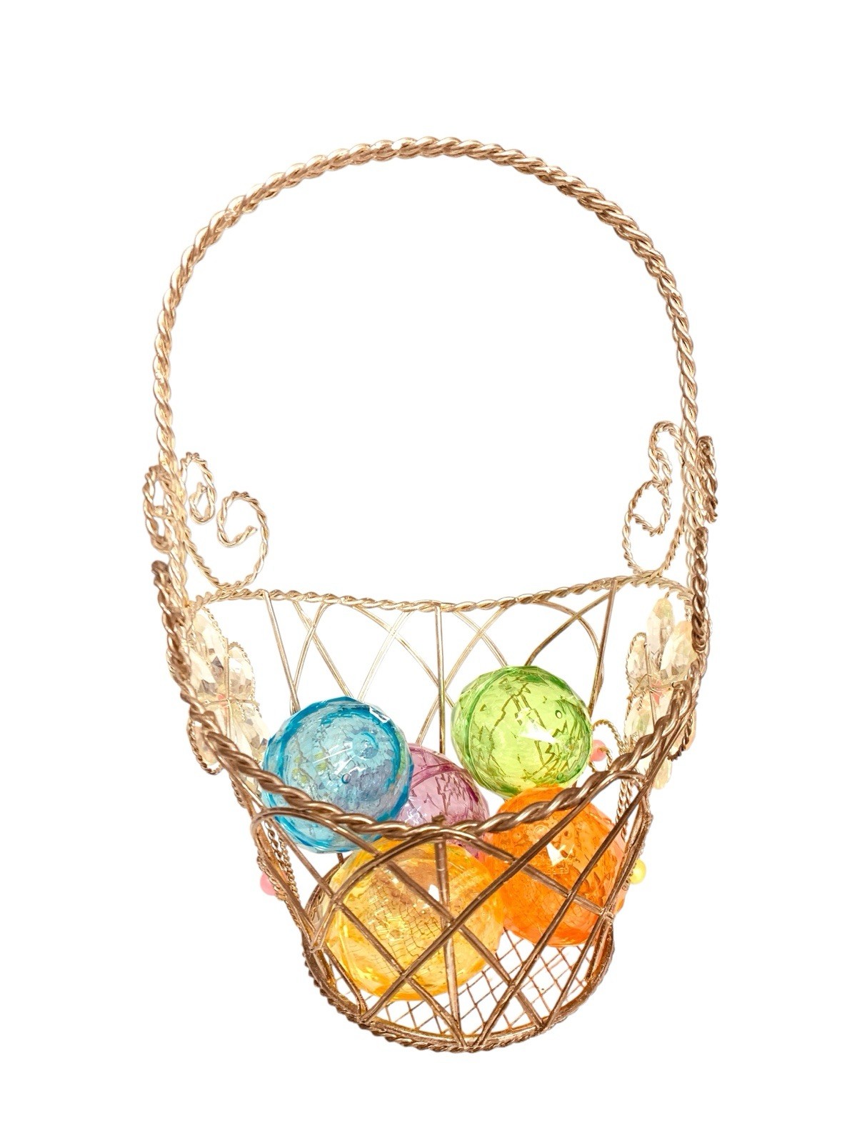 Wire Egg Basket With Handle Flowers Scroll 5 Colored Eggs Fillable 10 x 5.5 Inch