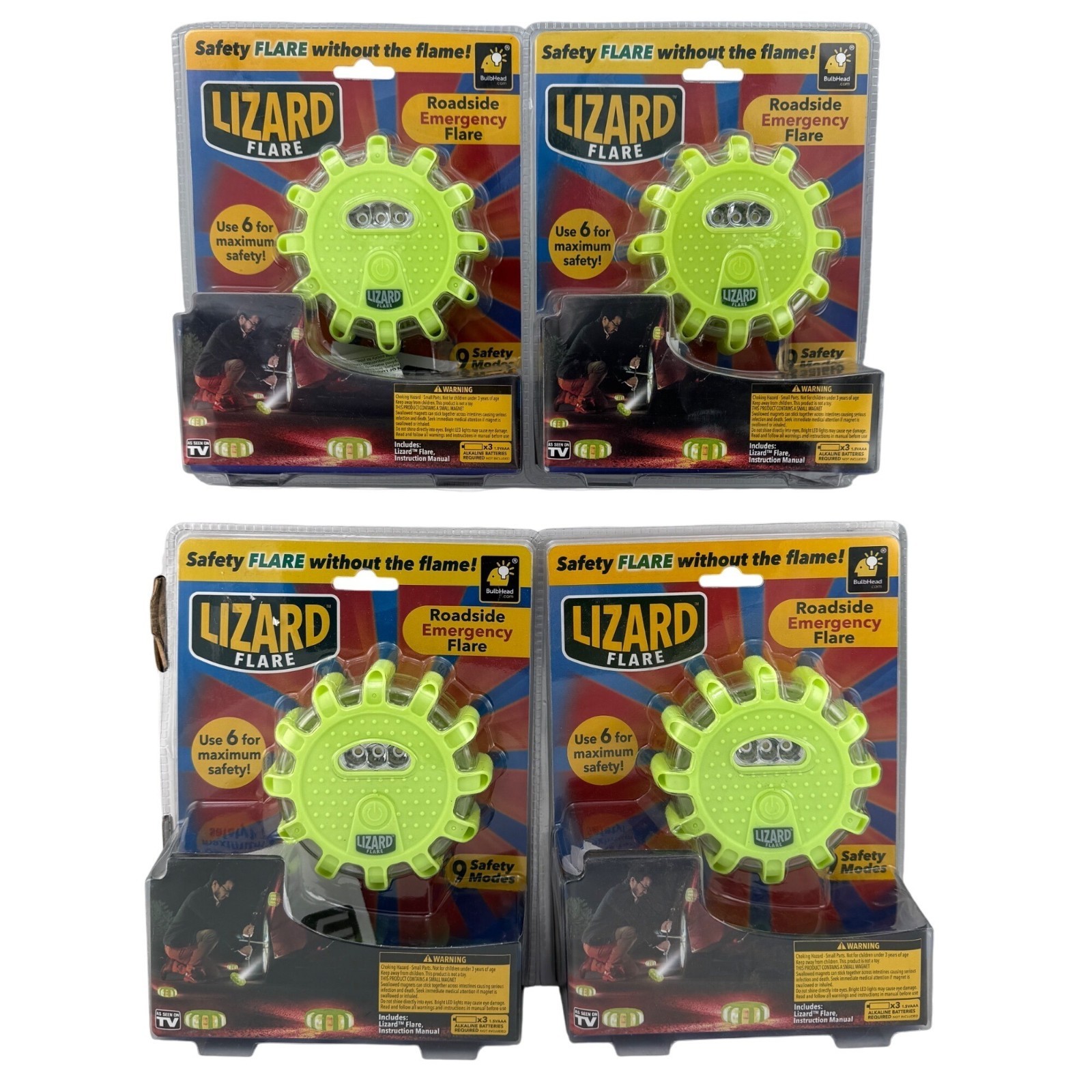 Lizard Flare Emergency Roadside Flare Set 9 Safety Modes Built-In Flashlight 4pk