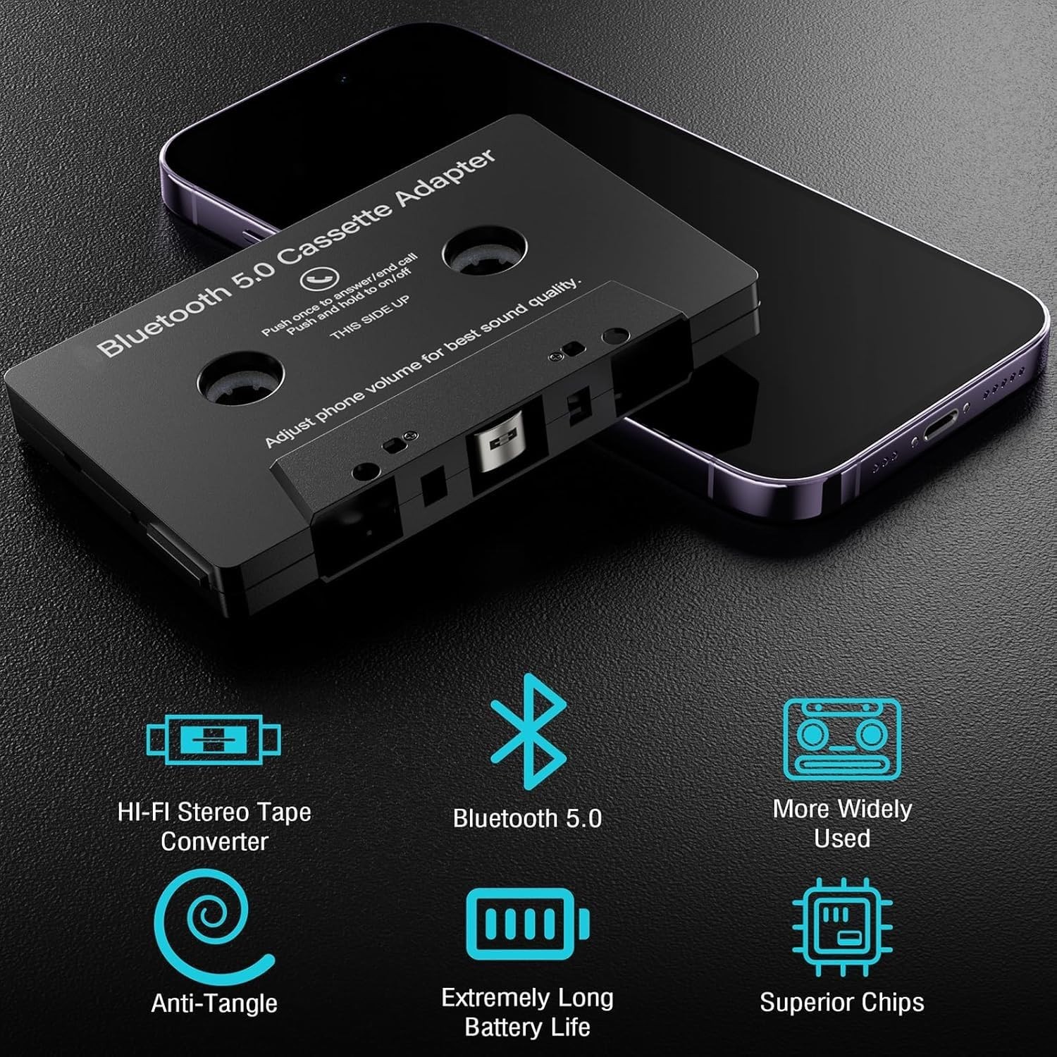Car Audio Bluetooth 5.0 Cassette Receiver, Function Button, Black