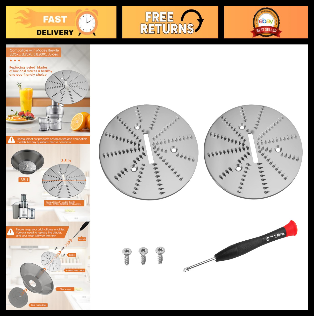 2 Pack Juicer Blades for Breville Models - Easy Replace, 3.5" Diameter, Screws &