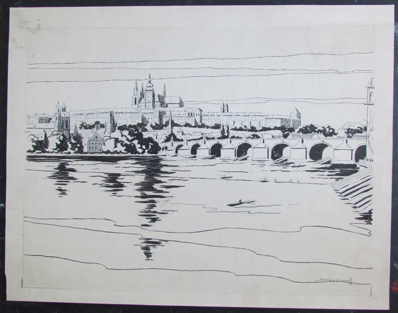 1940 Edward C. Caswell Prague from River Czech Republic  Ink Drawing