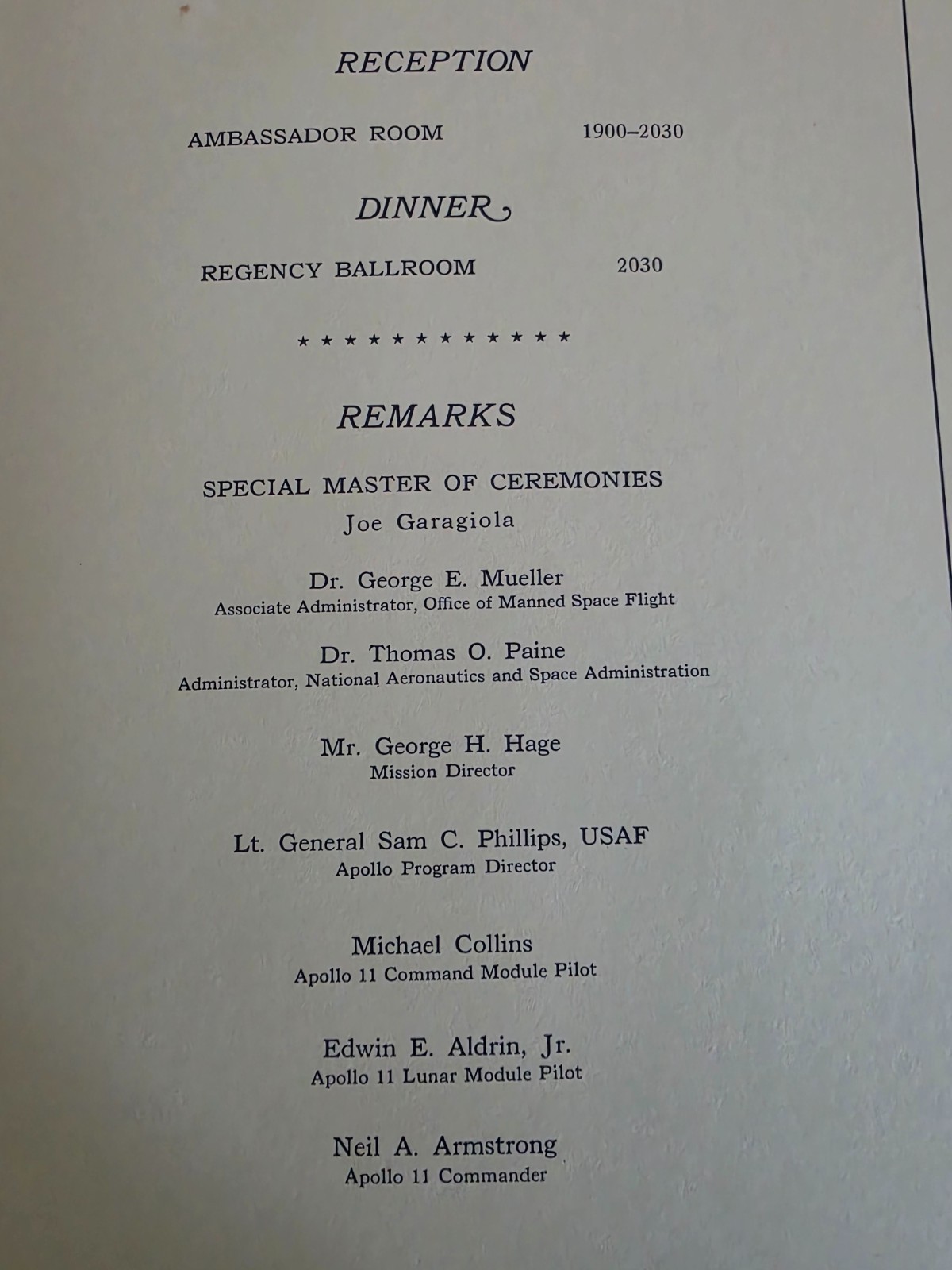 Apollo 11 Splashdown Party Program - Owned by Captain J Holcomb