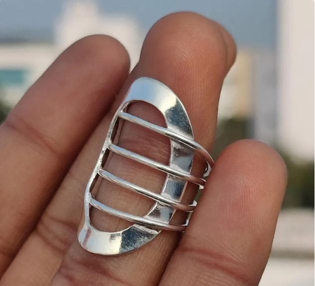 Abstract Open Design Silver Modern Cage Style Statement Adjustable Ring All R307