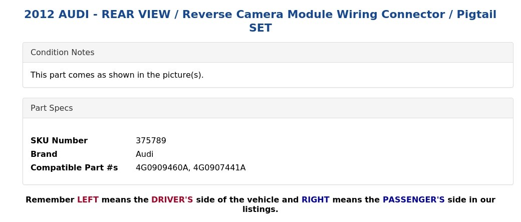 2012 AUDI - REAR VIEW / Reverse Camera Module Wiring Connector / Pigtail SET