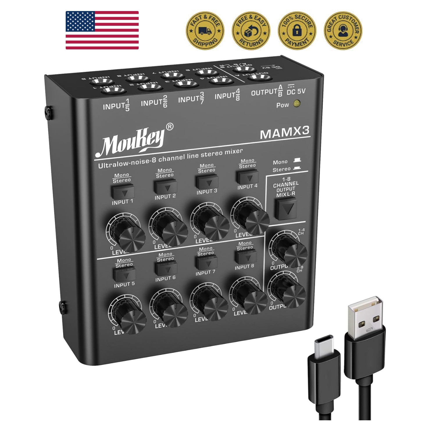 Audio Mixer, DC 5V, 8 Stereo Ultra, Low Noise 8 Channel Line Mixer for Sub-Mi...