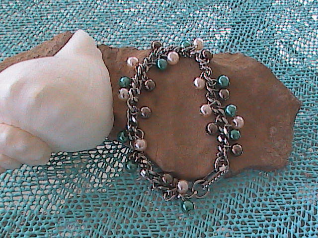 Chain & Glass Bead Bracelet - Pink, Teal & Copper
