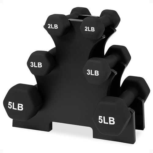 Neoprene Dumbbell Hexagon Hand Weights, Set of 6 with Rack USA