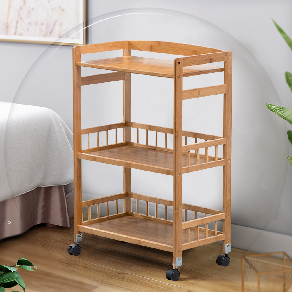 Kitchen Mobile Rolling Serving Cart Storage 3 Tiers Standing Wood Color