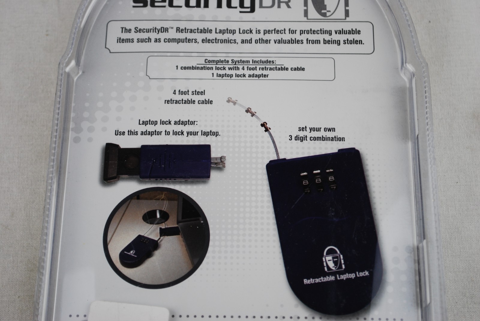 SECURITY DR. RETRACTABLE LAPTOP LOCK, NEW, SEALED Clamshell Packaging