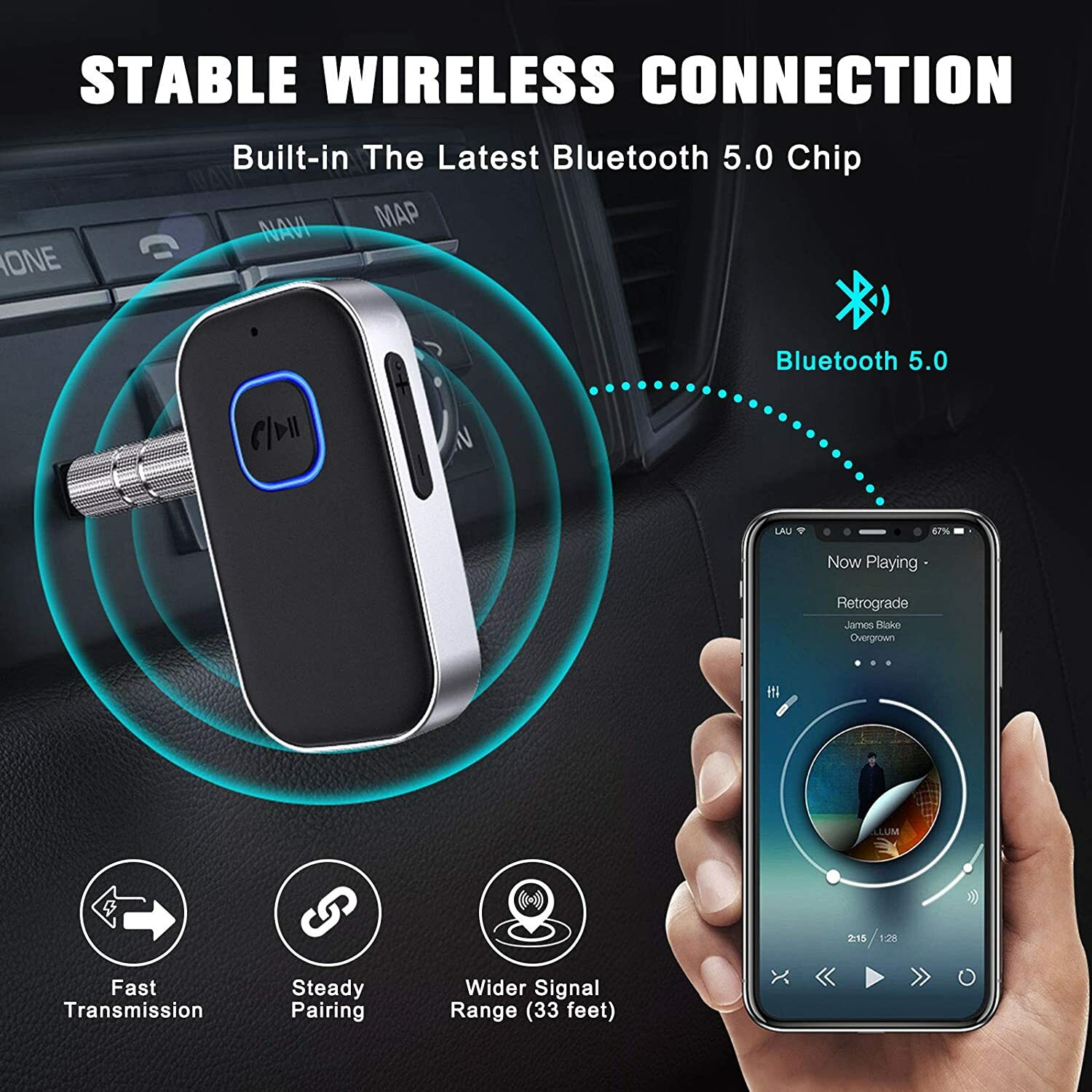 USB Wireless Bluetooth 5.0 Transmitter Receiver 3.5mm 2in1 Audio Adapter Aux Car