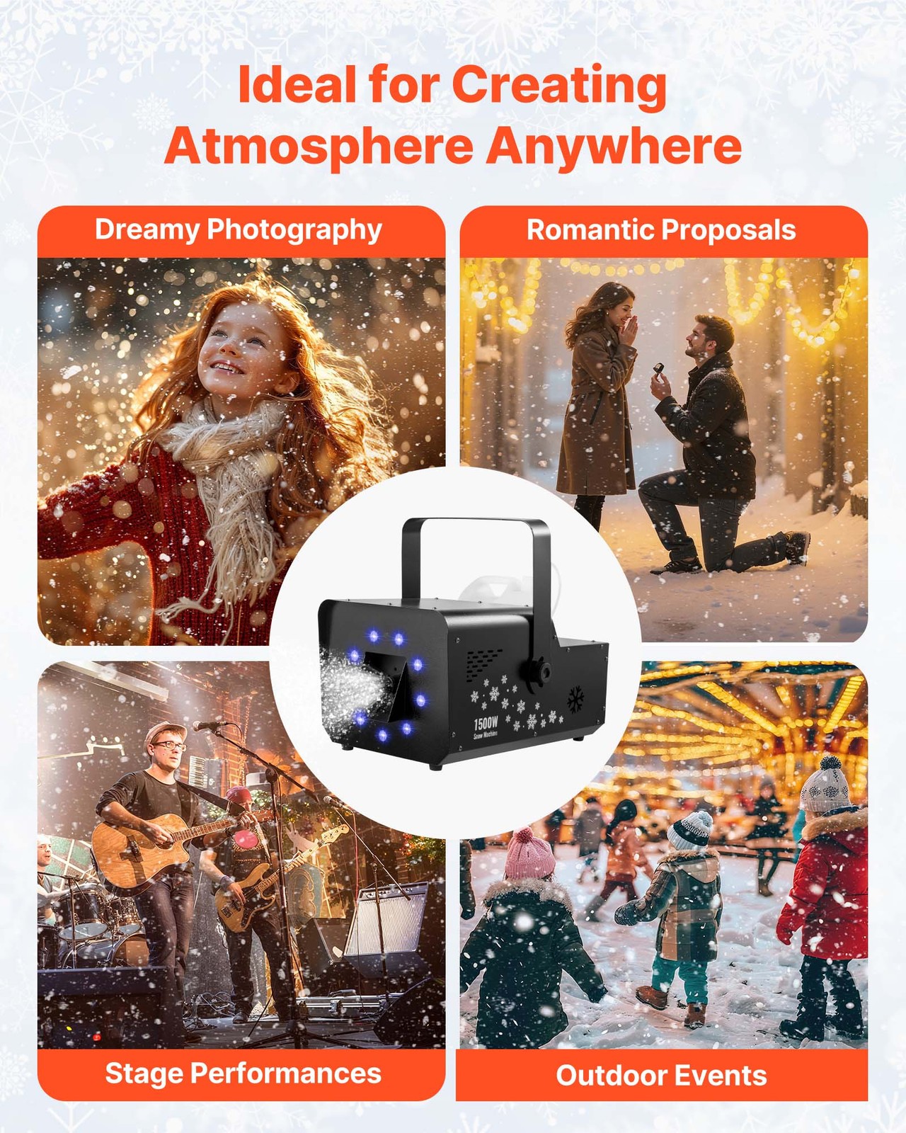 VEVOR 1500W Snow Machine with LED Light Handheld Hanging Remote & DMX512 Control