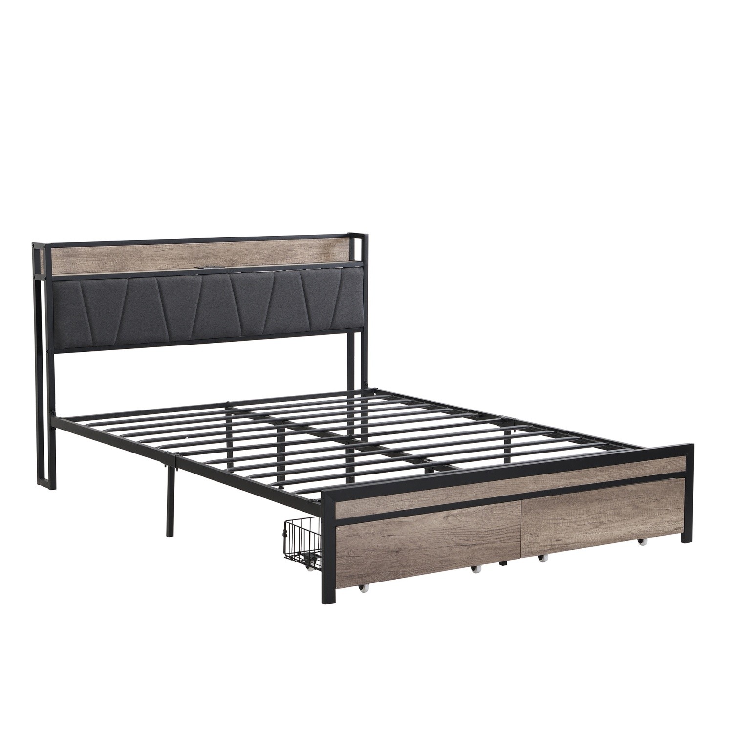 Full Size Bed Frame with Upholstered Headboard Metal Platform Bed w/ 2 Drawers