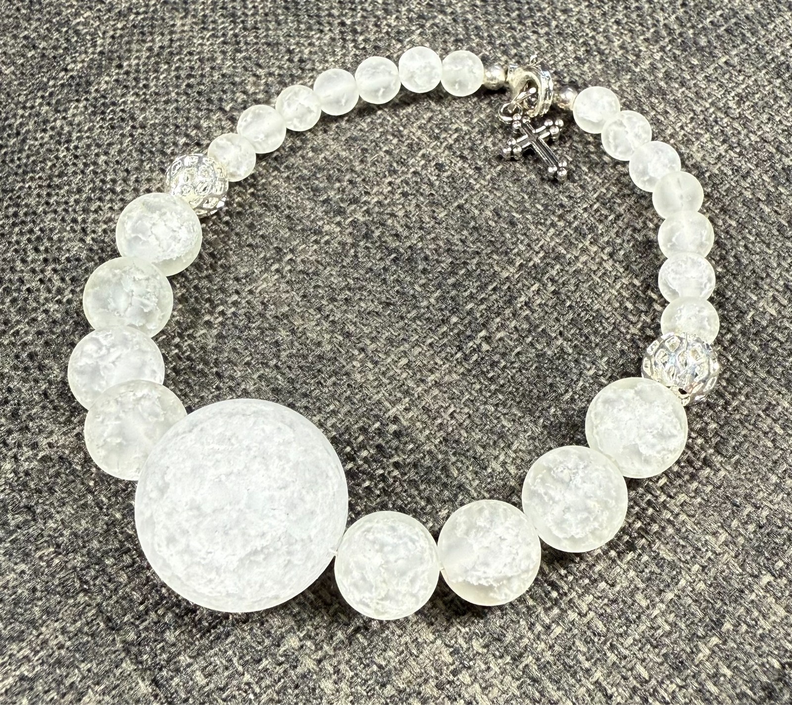 Beautiful Glass Bead Bracelet With Cross Charm Size 7" - Handmade