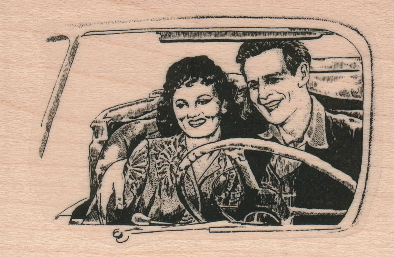 Young Lovers In Car 2 x 2 3/4" Rubber Stamp, Woman Stamp, Couple Stamp
