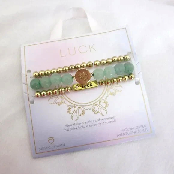 Beloved + Inspired Luck Bracelet Set Natural Green Aventurine Beads Stretch NEW