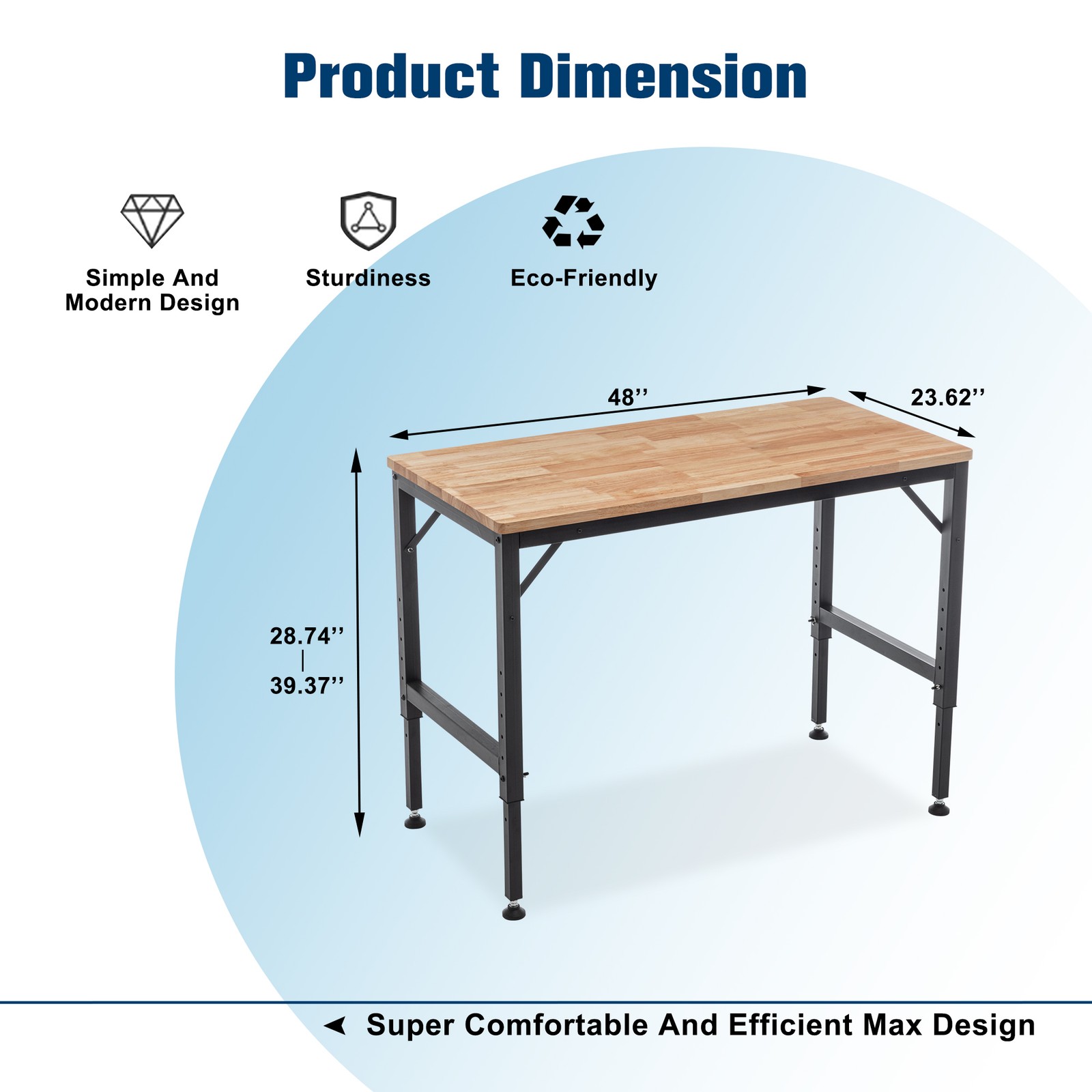 48" Adjustable Workbench Garage Shop Table Rubber Wood 2000 Lbs Capacity