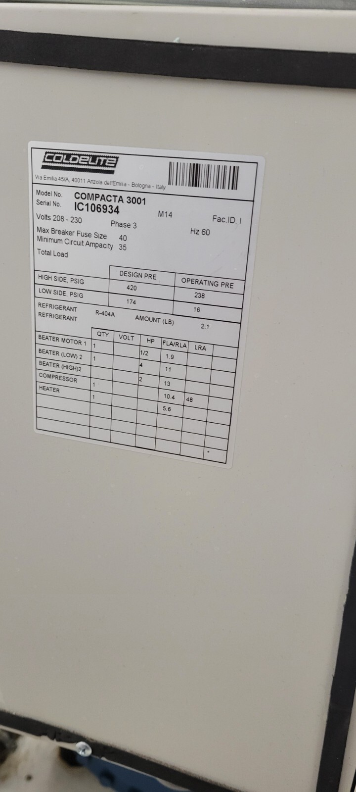 ColdElite Compacta 3001 Combo Gelato & Ice Cream Machine Batch Freezer Dec-2014