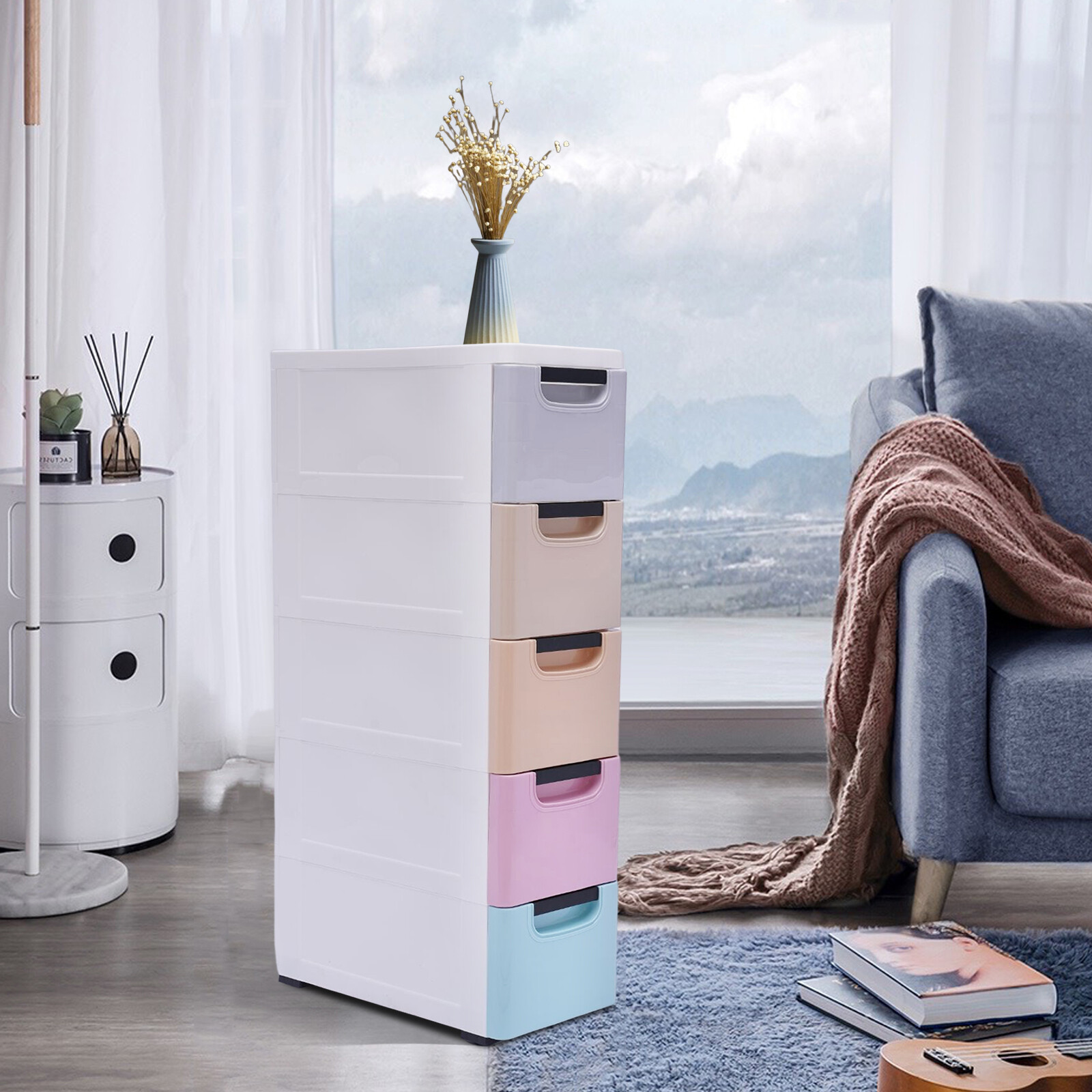 5-Drawer Stackable Plastic Storage Cabinet With Wheels - Multicolor