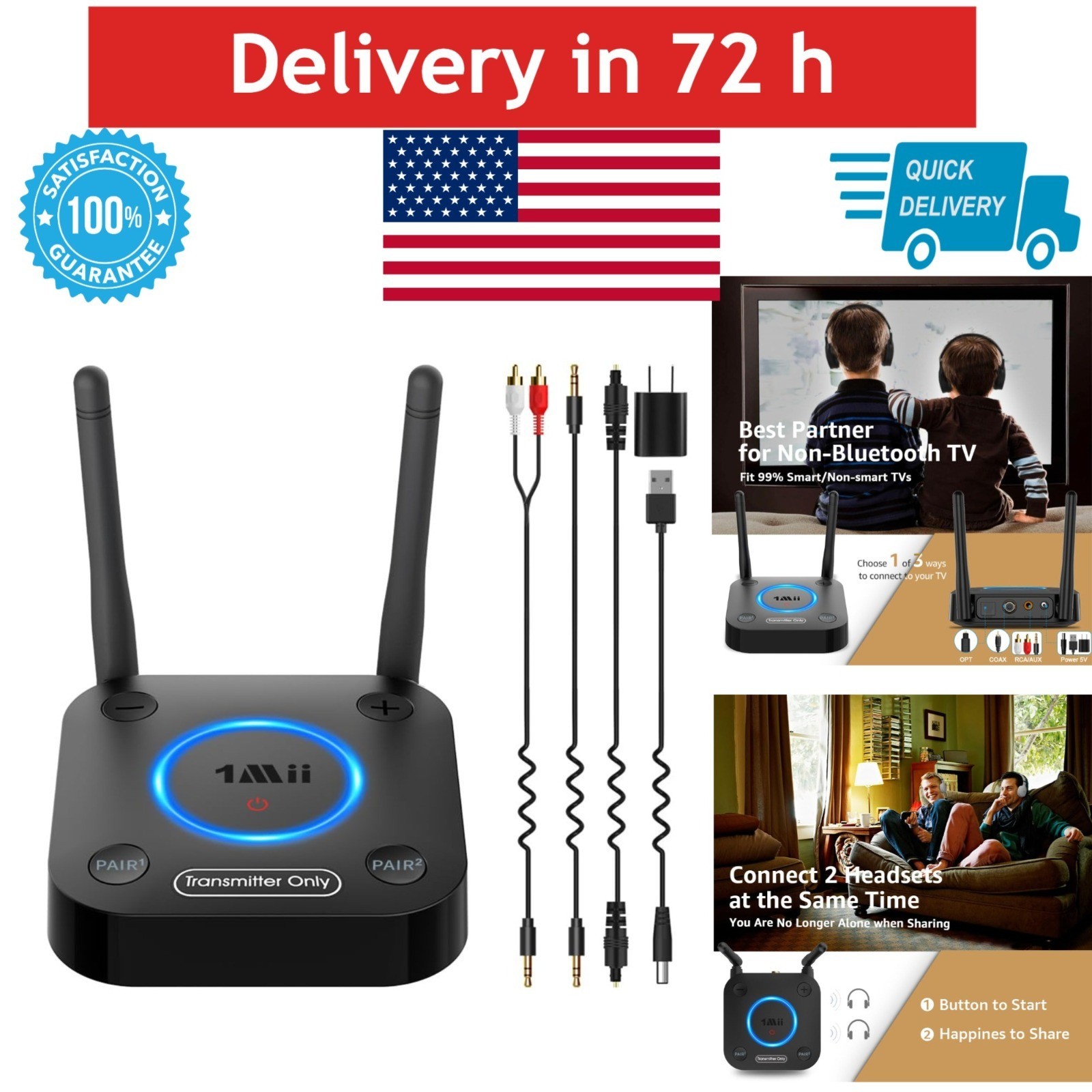 1Mii Bluetooth 5.3 Transmitter for TV - Wireless Audio Adapter