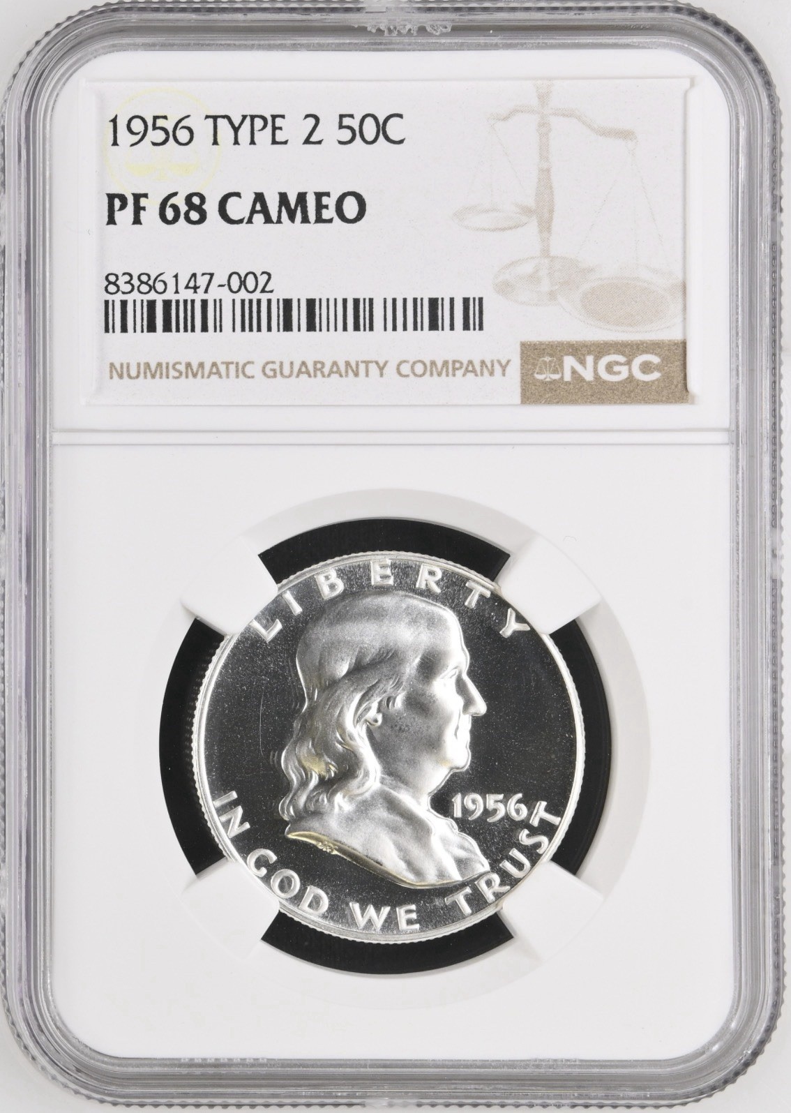 1956 Type 2 Franklin Proof Silver 50c Half Dollar, NGC PF 68 Cameo, PR68CAM