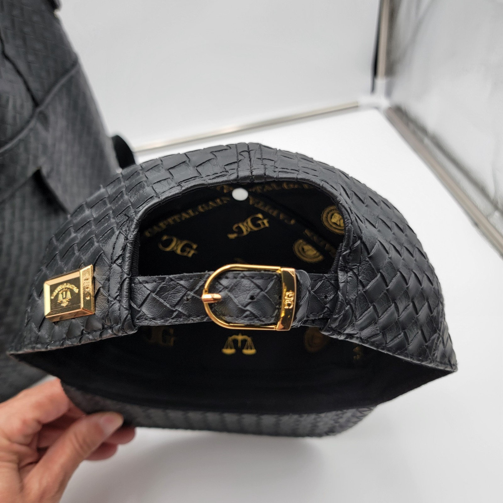 Capital Gains Black Woven Backpack + Strapback Hat Bundle NWT Gold Logo