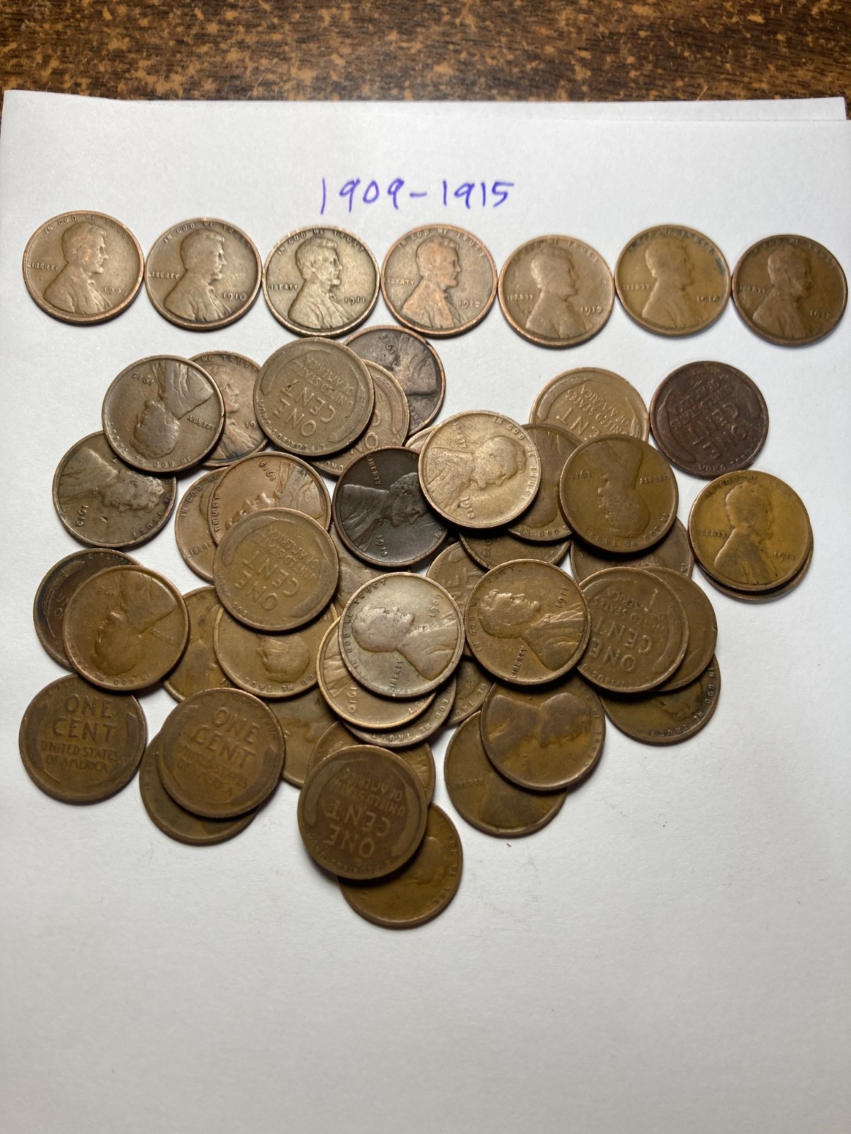 1909-1915 (P dates) MIXED LINCOLN WHEAT CENT ROLL, 50 coins, nice even mix