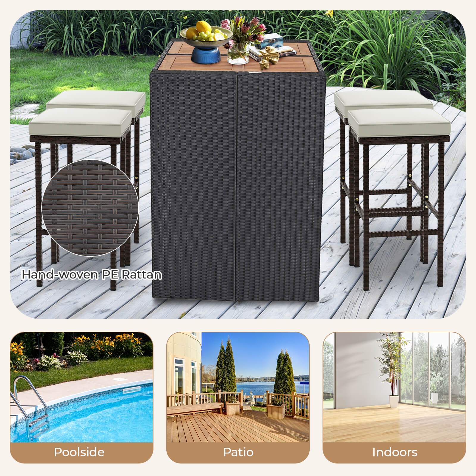 Wicker Bar Stools Set of 2 with Removable Seat Cushions Footrest Support 400 LBS