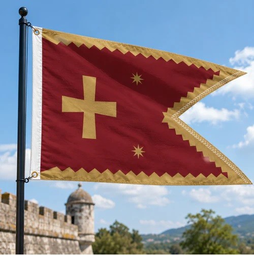 Medieval Crusader Battle Banner Flag | Crimson & Gold Cross Pennant with Stars