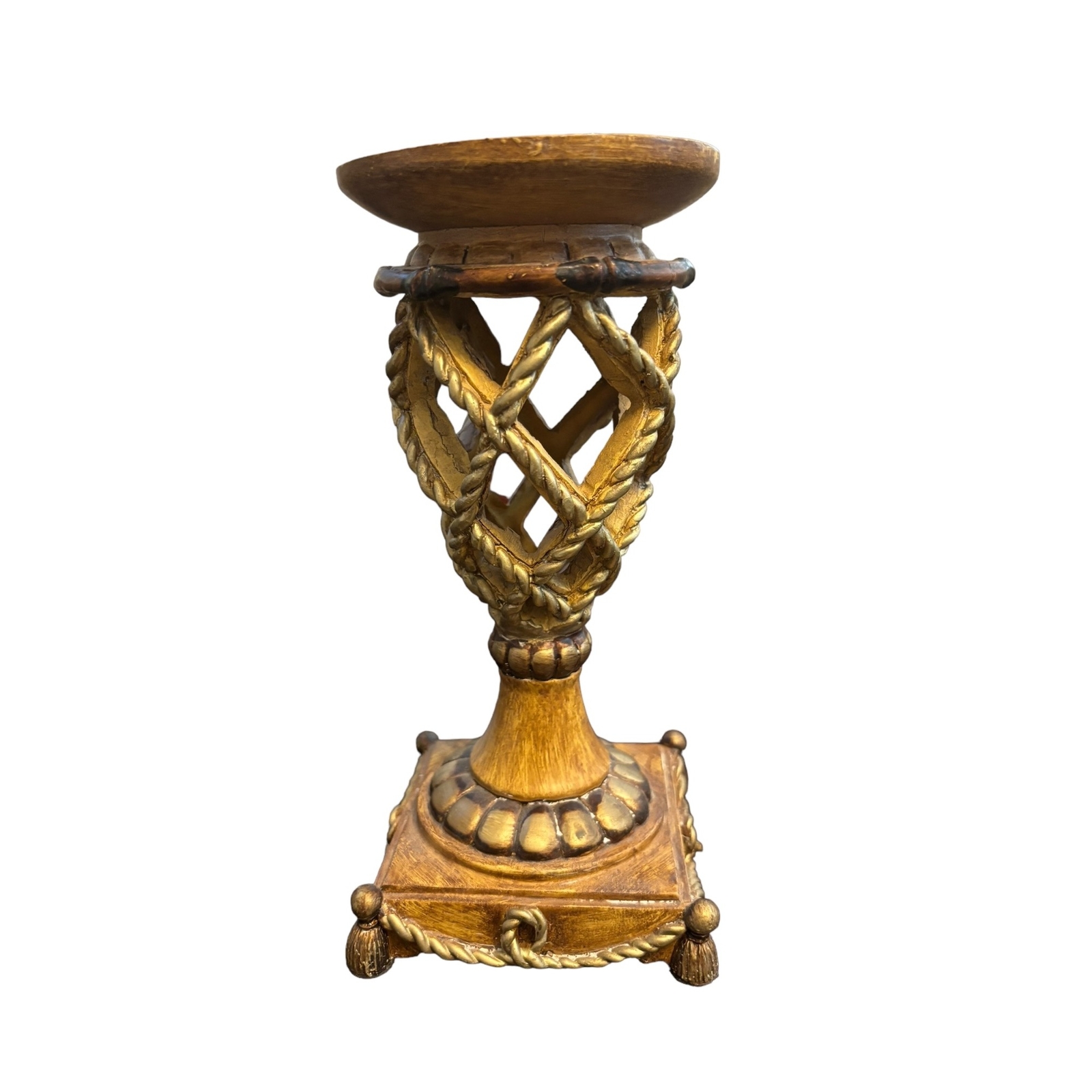 Elegant Tropical Motif Faux Rope & Bamboo Pillar Candle holders w/ Red Pillar Ca