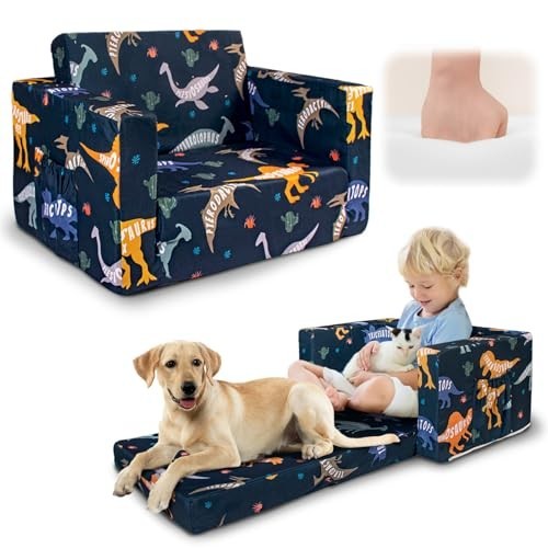 2-in-1 Kids Fold Out Couch & Lounger, Soft Toddler Sofa for Boys & Girls, Dinosa
