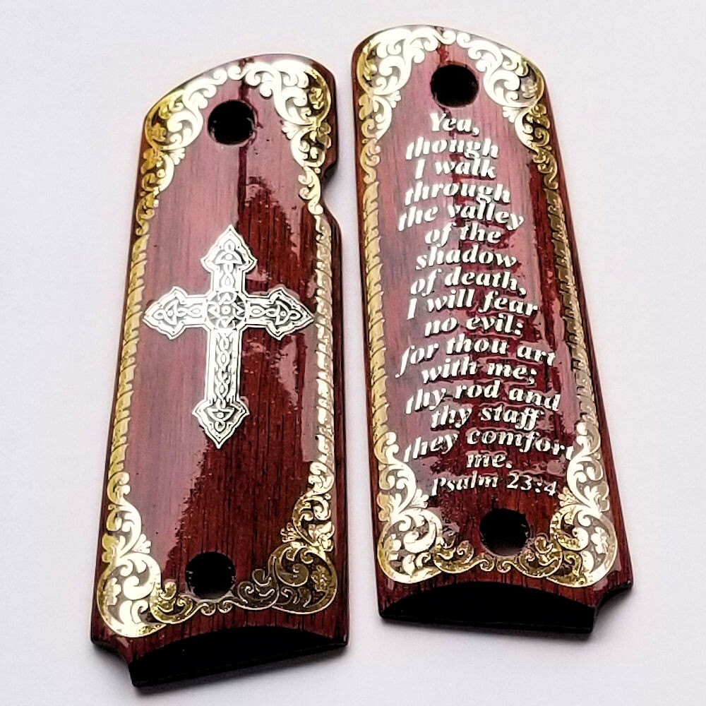 1911 full size custom engraved wood grips gold silver Psalm 23:4 Cross