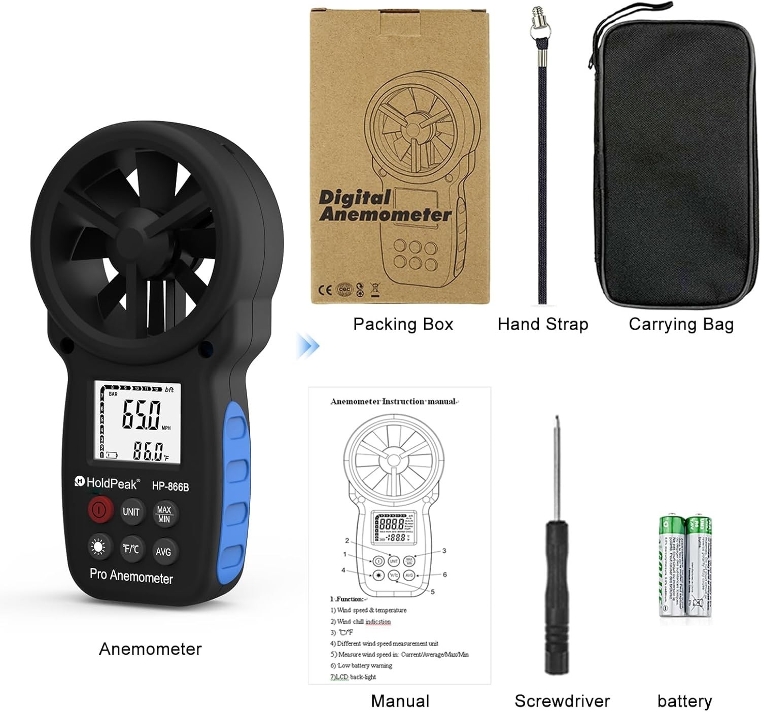 Lightweight Handheld Anemometer with Tripod Hole