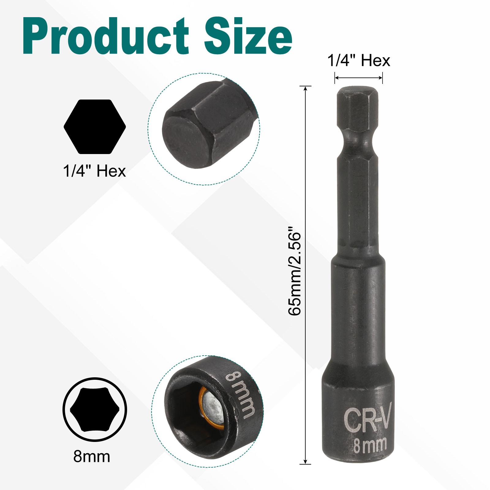 1/4" Hex Magnetic Nut 8mm Socket Wrench 65mm Black 2pcs