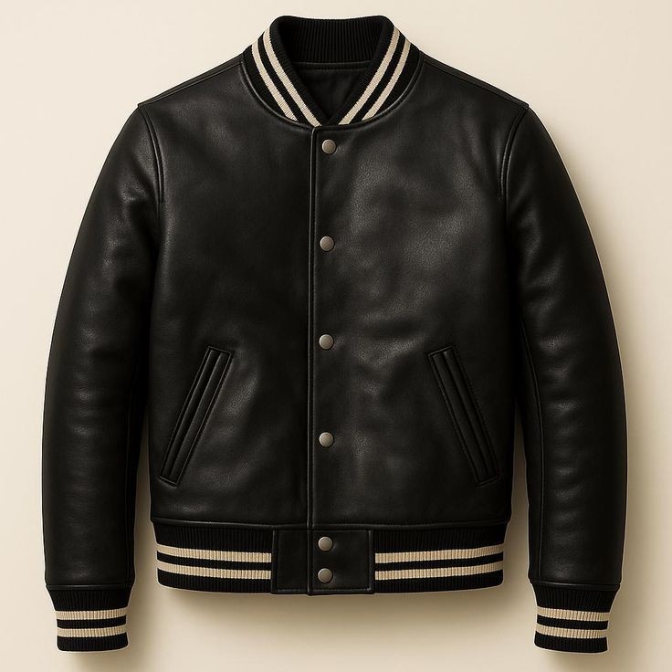 Men's Leather Varsity Jacket - Black Leather Bomber Jacket for Men