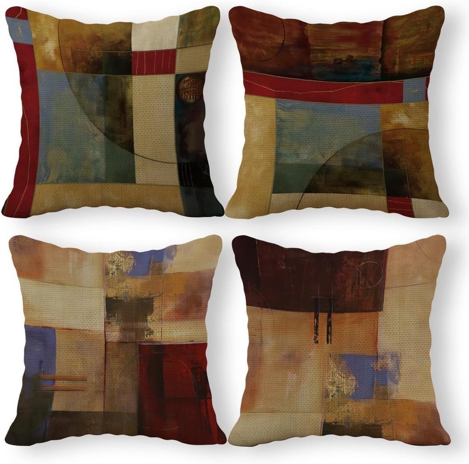 Vintage Geometric Decor Linen Throw Pillow Case, 24 x 24 Inch Set of 4, New L...