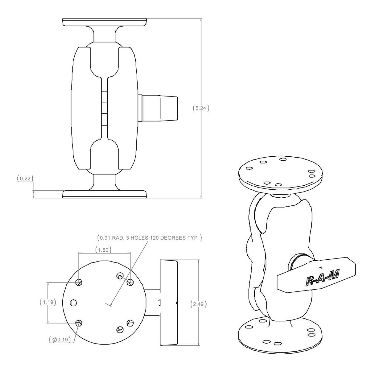 RAM-101U-B RAM Universal Double Ball Mount with Two Roun...