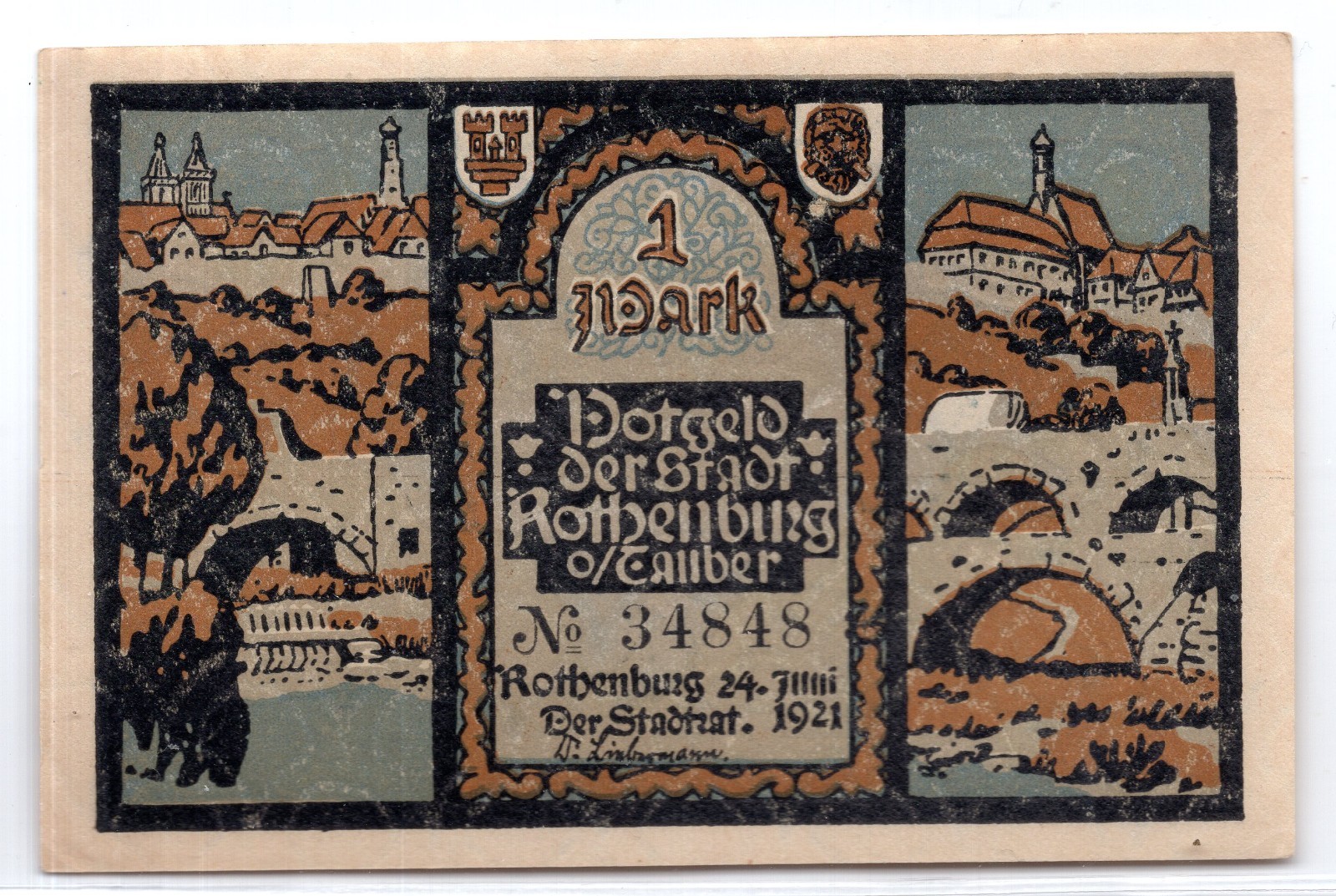 1921 Germany Rothenburg Notgeld 1 Mark Note (3335)