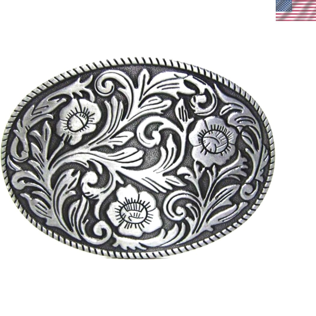 Antique Engraved Flower Solid Metal Belt Buckle Men Women Western Cowboy