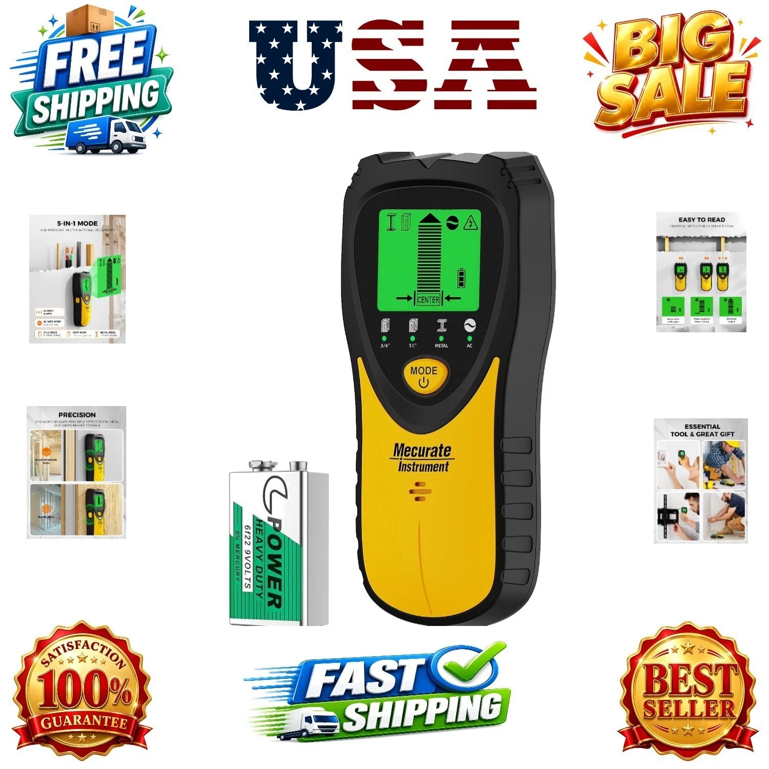 5-in-1 Stud Finder with LCD Display, Wall Scanner for Studs, Metal, AC Wires ...